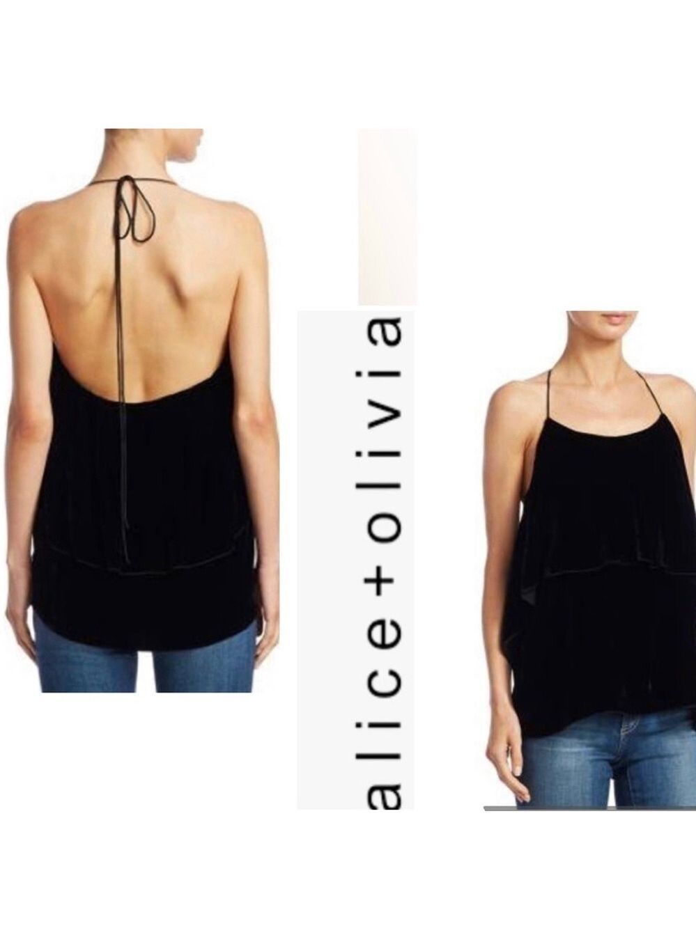 Alice + Olivia Top Womens Marybeth Black Ruffle Velvet halter Camisole M